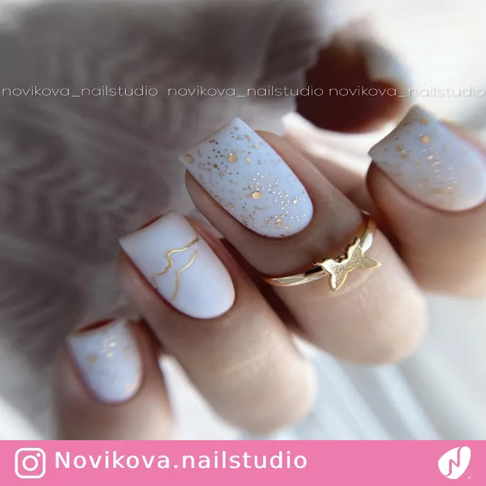 Simple White and Gold Wedding Nails